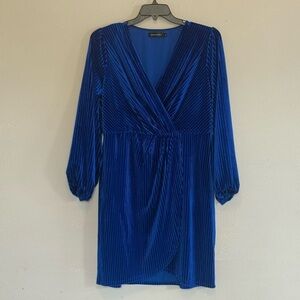 MEROKEETY Royal Blue Ribbed Velvet Faux Wrap Dress XL Long Sleeve Party Holiday